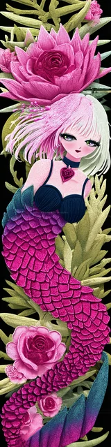 Free mermaid bookmark showing a magenta pink tail mermaid with green plants